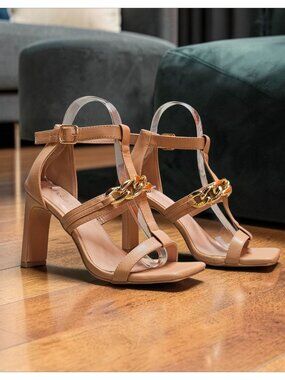 Gold Chain Accent Nude High Heel Sandals With Buckle Strap